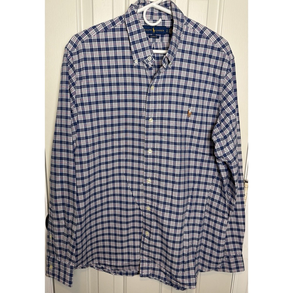 Ralph Lauren Mens Button Down Blue Plaid Classic Fit Shirt Size Large Flesh Pony